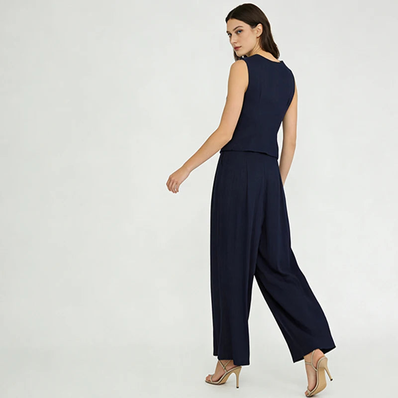 Velarve Women's Navy Vest & Wide-Leg Pants Two-Piece Set