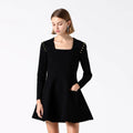 Velarve Women's Black Pleated A-Line Dress, Boat-Neck