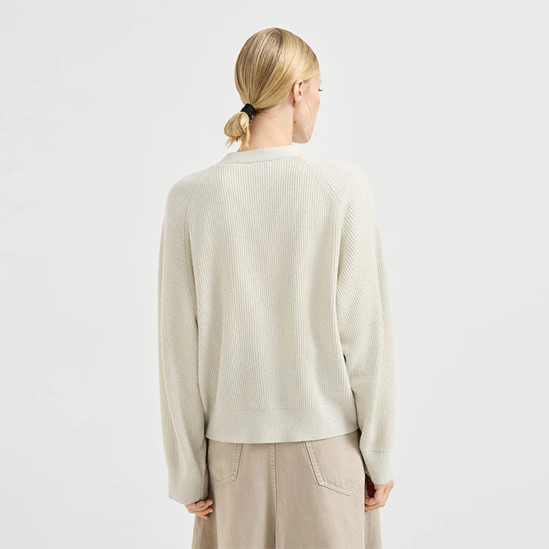 Velarve Women's Beige Striped Cotton Cardigan, Button-Front
