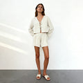 Velarve Women's Cream Cropped Lace-Up Top & Shorts Co-Ord Set