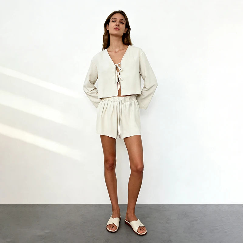 Velarve Women's Cream Cropped Lace-Up Top & Shorts Co-Ord Set