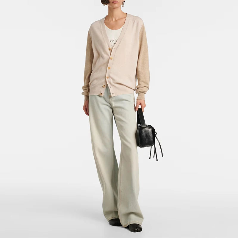 Velarve Women's Champagne Color-Block Cable Cardigan, Oversized
