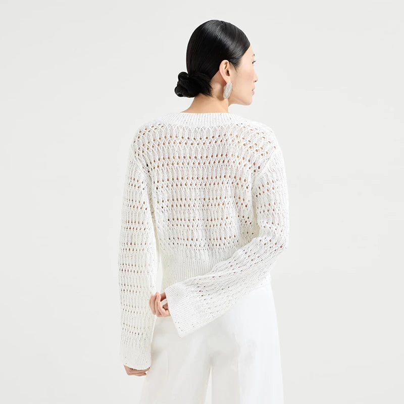 Velarve Women's White Open-Front Cardigan, V-Neck Pointelle