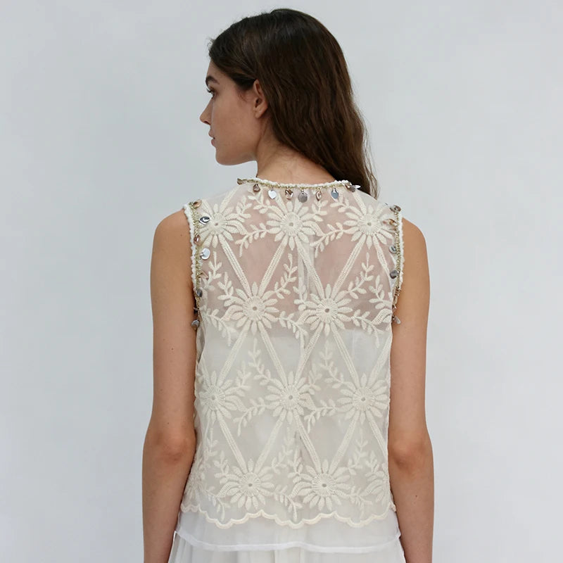 Velarve Women's Beige Sheer Embroidered Vest, Beaded V-Neck