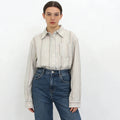 Velarve Women's Beige Striped Oversized Shirt, Long Sleeve Blouse