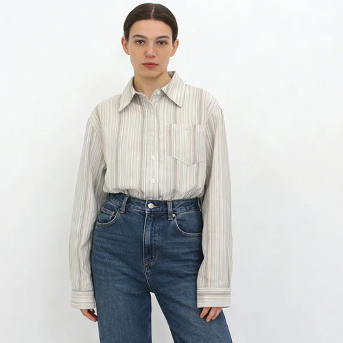 Velarve Women's Beige Striped Oversized Shirt, Long Sleeve Blouse