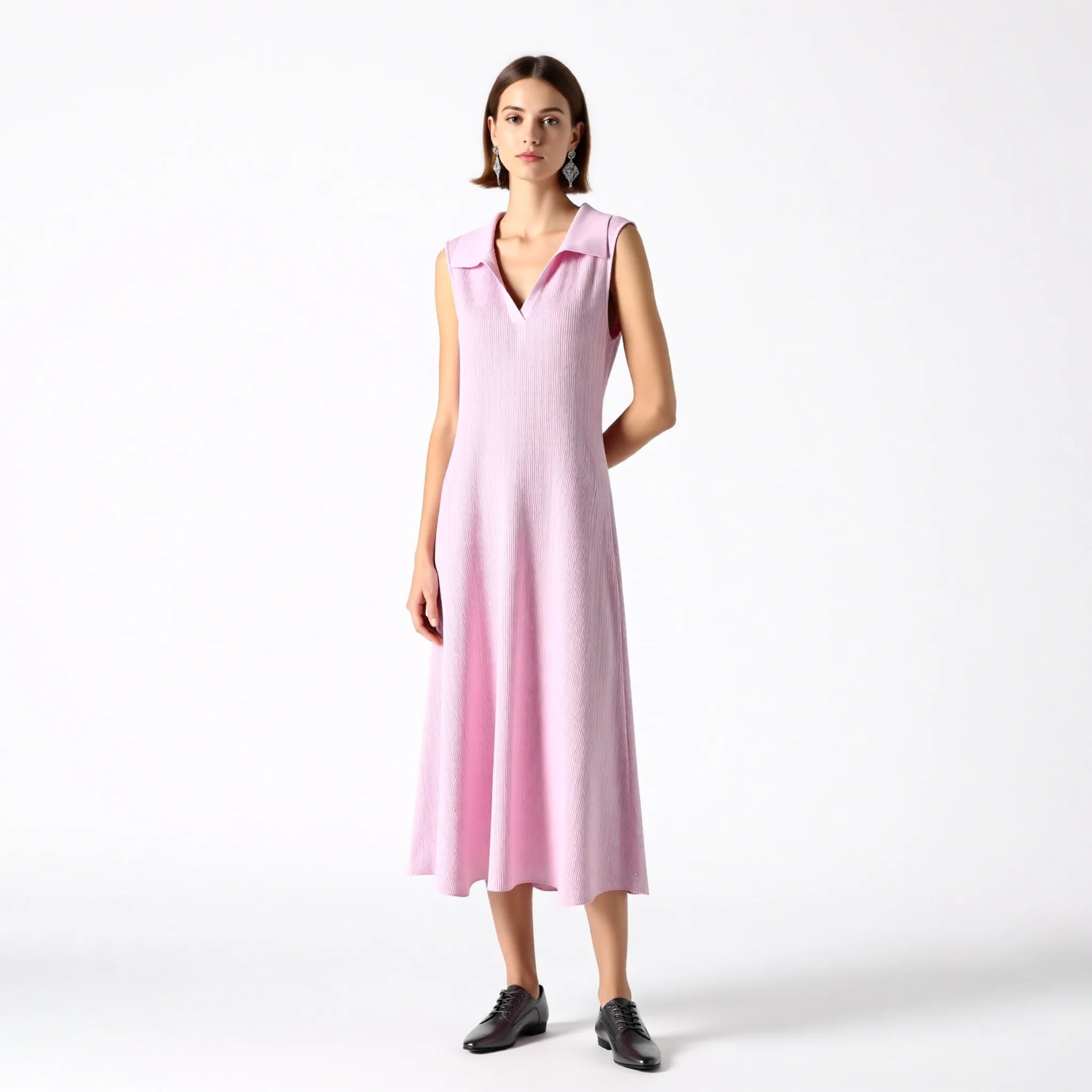 Velarve Women's Pink V-Neck Knit Dress, Slim Fit Natural Waist