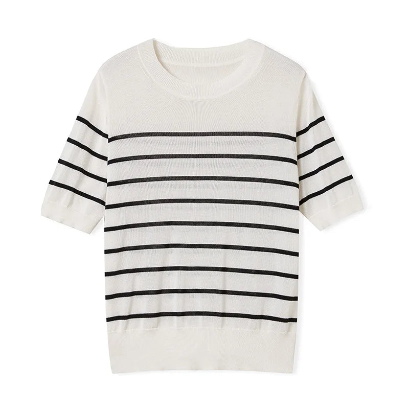Velarve Women's Striped Knit Top, Round-Neck Short Sleeve