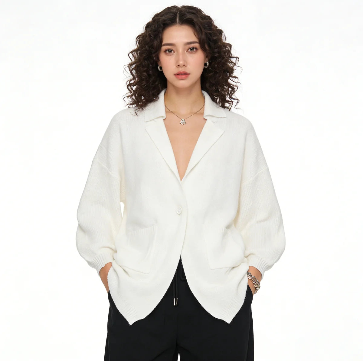 Velarve Women's White Cotton Cardigan, V-Neck Letter Knit