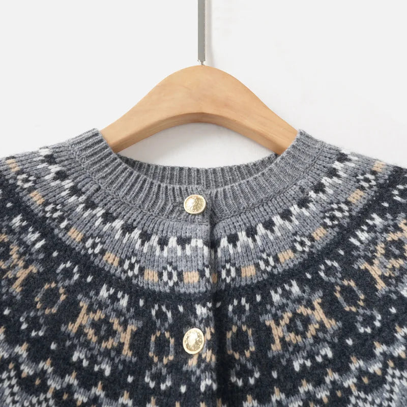 Velarve Women's Gray Oversized Crewneck Sweater, Fair Isle Knit