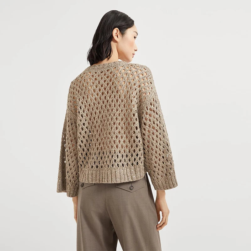 Velarve Women's Khaki Cotton Crewneck Sweater
