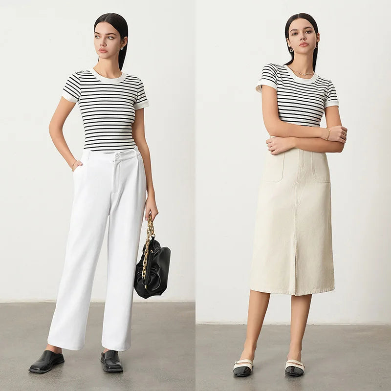 Velarve Women's Striped Crop T-Shirt, Short Sleeve Round Neck