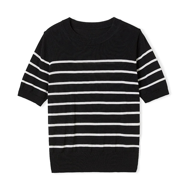 Velarve Women's Striped Knit Top, Round-Neck Short Sleeve