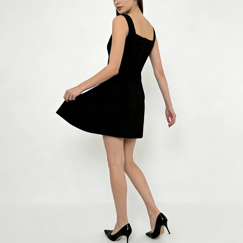 Velarve Women's Black Square-Neck Mini Dress, Structured A-Line