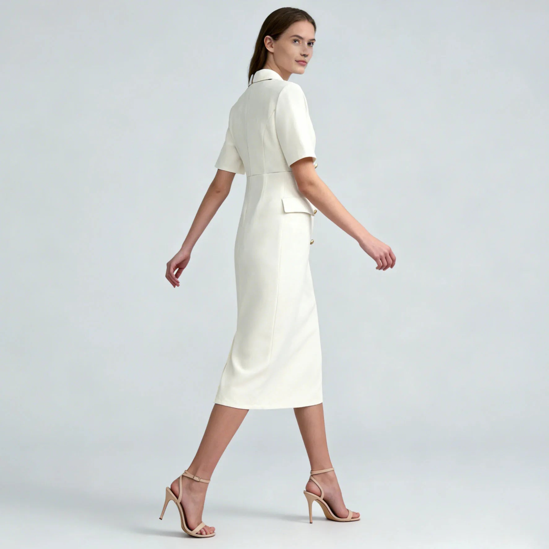 Velarve Women's Ivory Double-Breasted Blazer Dress, Gold-Button Short Sleeve