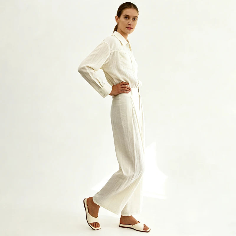 Velarve Women's Ivory Formal Shirt & Wide-Leg Pants Set