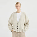 Velarve Women's Beige Striped Cotton Cardigan, Button-Front