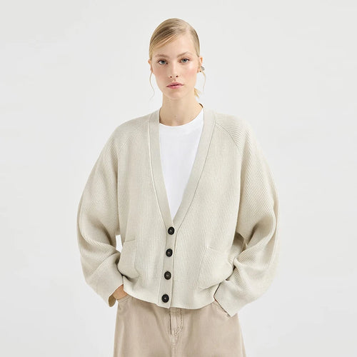 Velarve Women's Beige Striped Cotton Cardigan, Button-Front