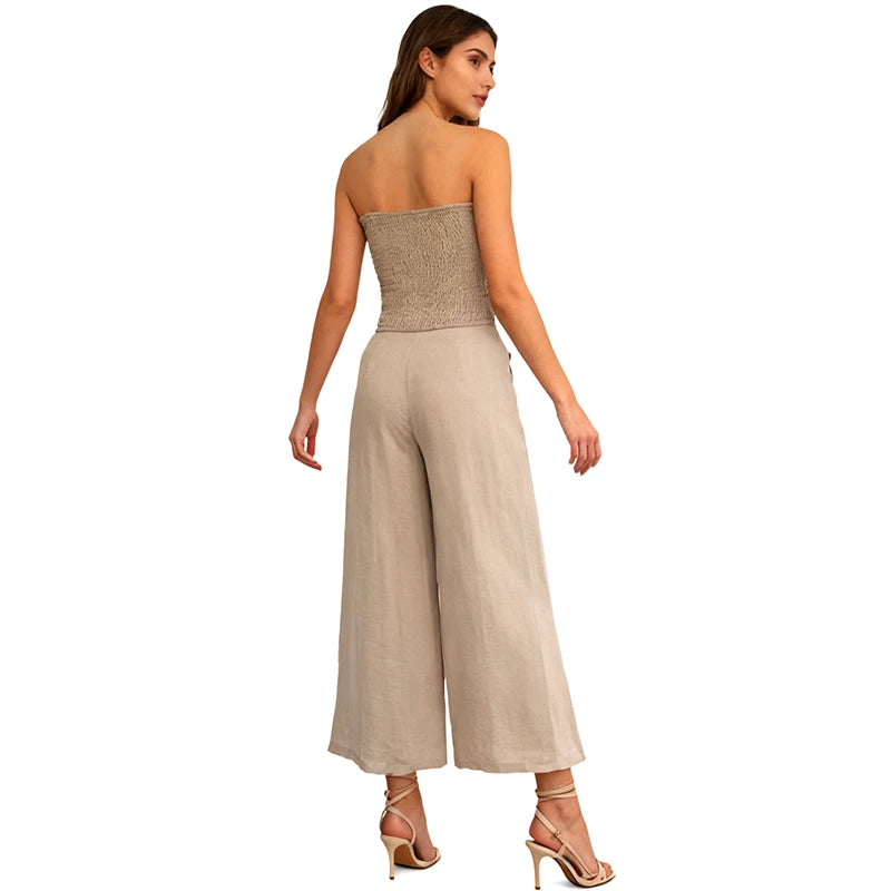 Velarve Women's Khaki Tube Top & Wide-Leg Pants Set