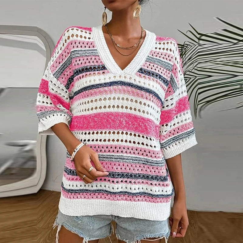 Velarve Women's V-Neck Short Sleeve Knit Sweater, Open-Knit