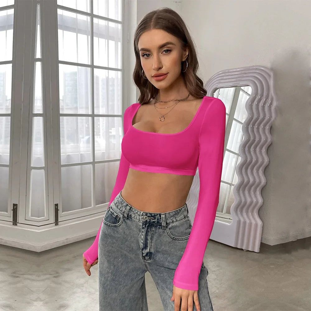 Velarve Women's Square-Neck Long Sleeve Crop Top, Fitted