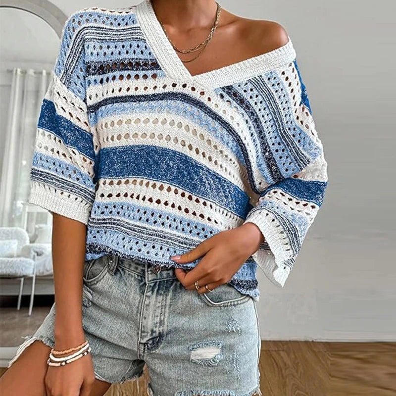 Velarve Women's V-Neck Short Sleeve Knit Sweater, Open-Knit