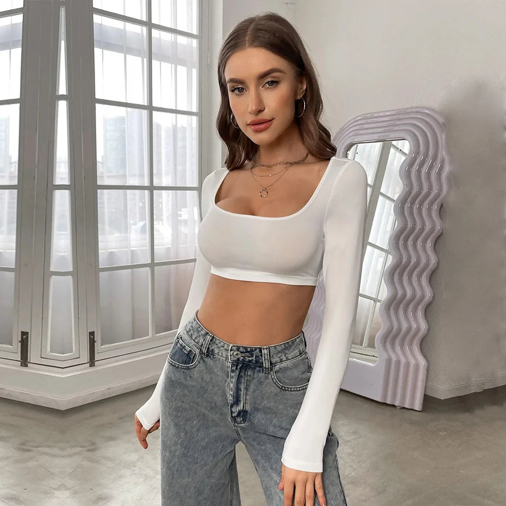 Velarve Women's Square-Neck Long Sleeve Crop Top, Fitted